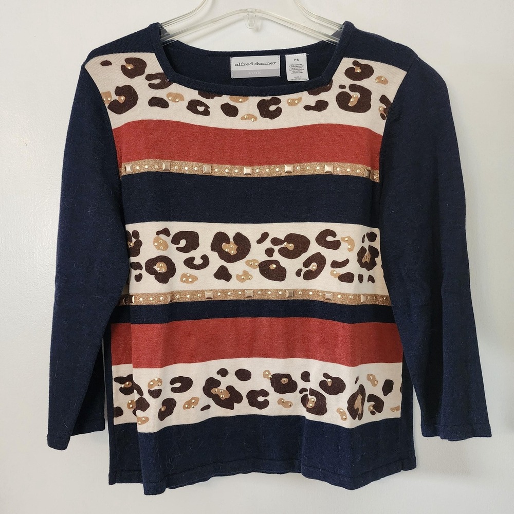 Leopard Animal Print Striped Sweater Dark Blue, Orange, and Tan